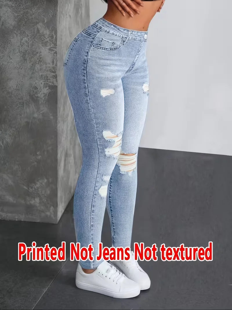 Printed Leggings - Non-Denim Fabric, Full Faux Denim Printed Leggings, with Fake Pocket and Button Prints, High Elasticity, New