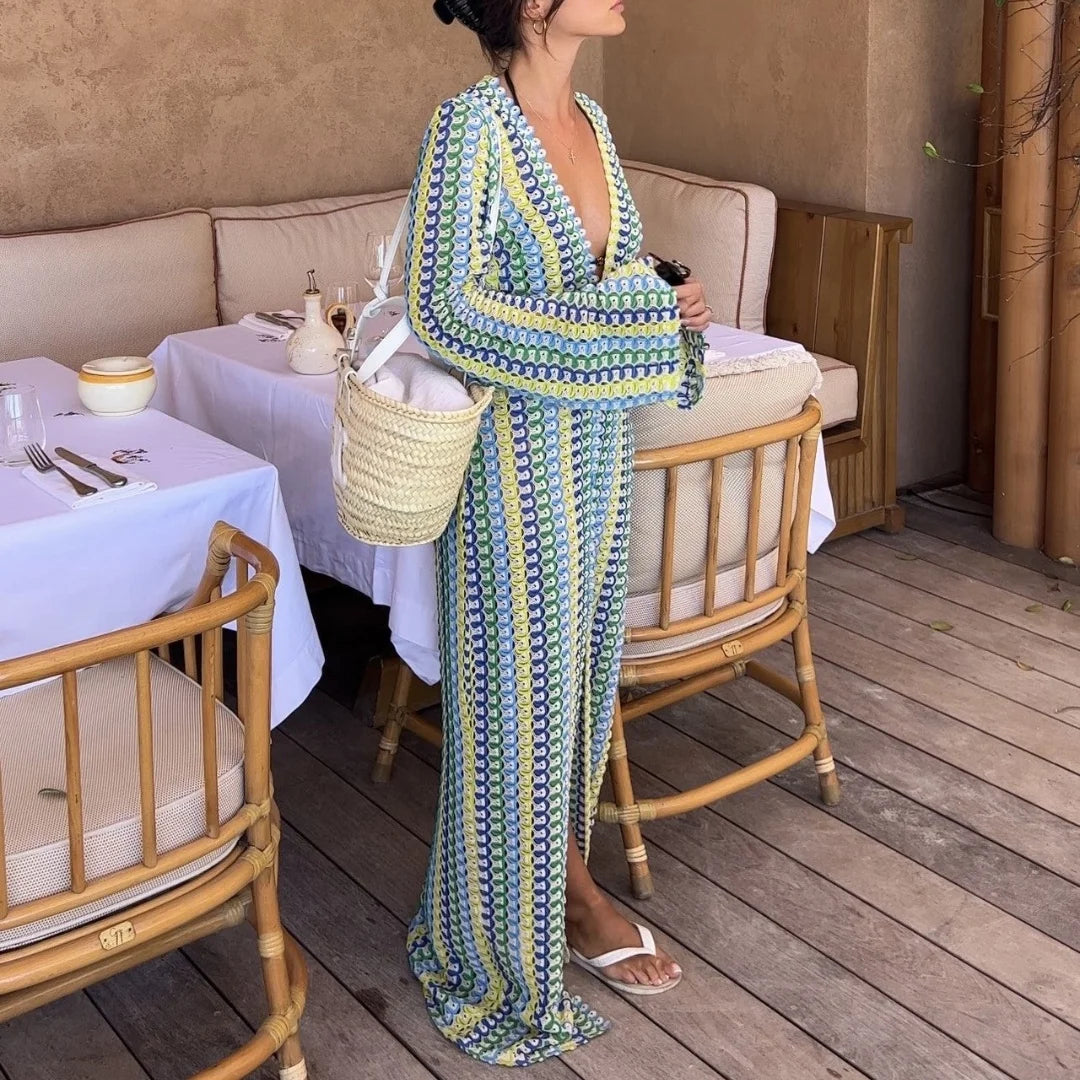 Crochet Colorful Stripe Maxi Dress Women Flare Sleeve Deep V-neck Split Sexy Long Dresses Spring Autumn Beach Banquet Vestidos