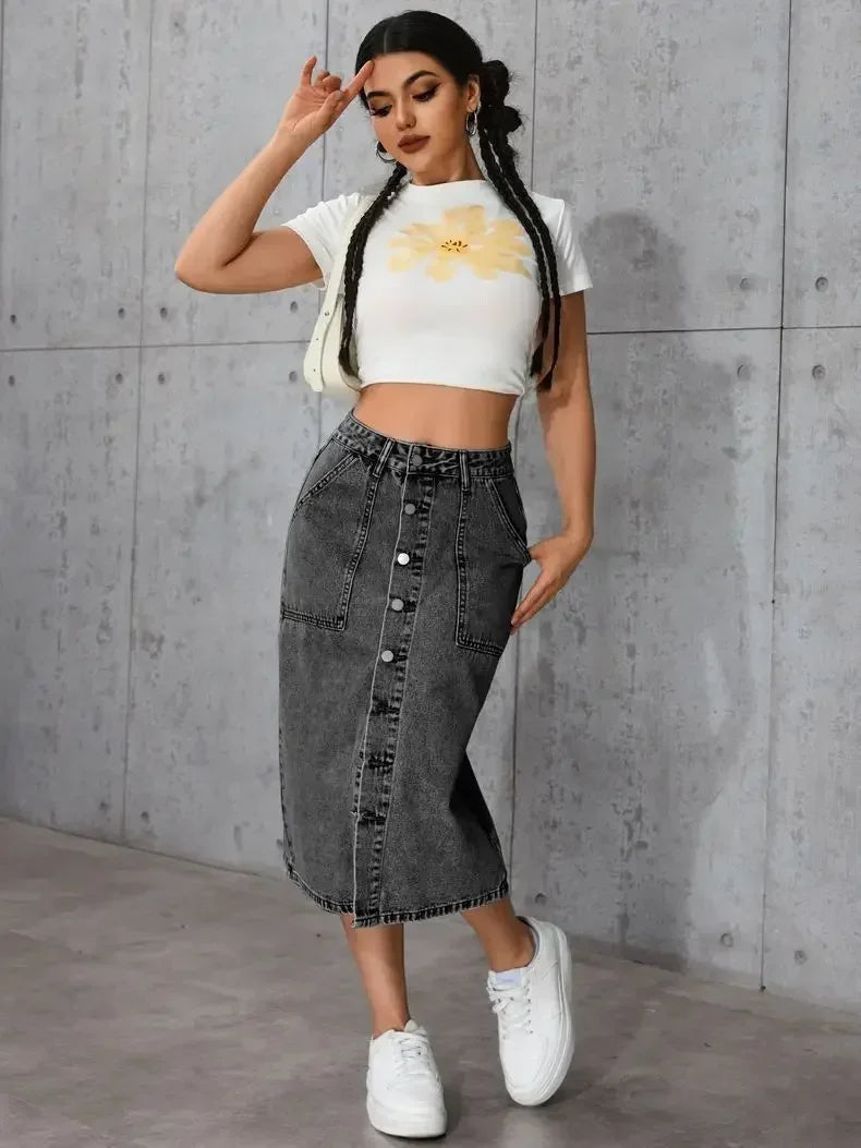 Women Waist Stretchy Denim Pencil Skirt, Midi Knee Length Slit Bodycon Flattering Casual Daily Streetwear Chic Ladies Midi Skirt