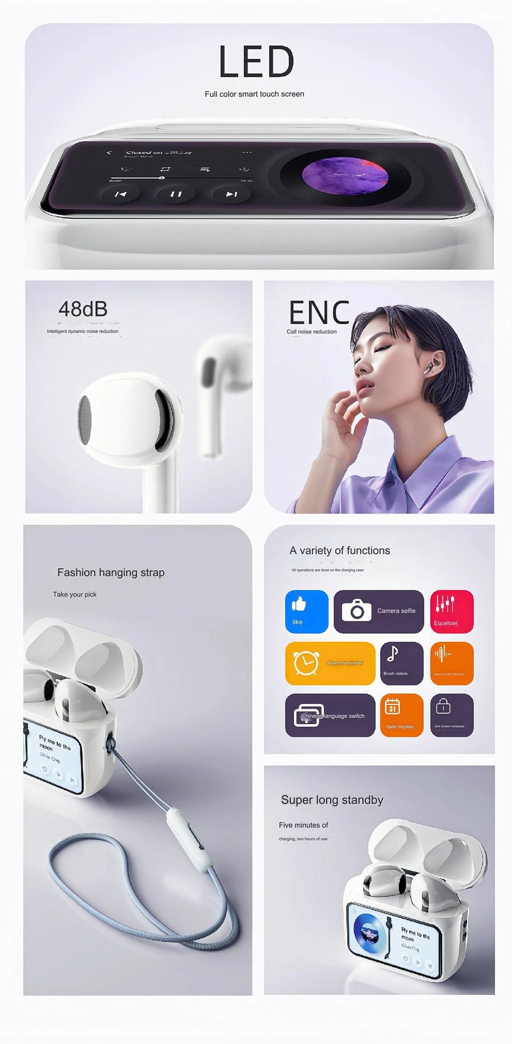 Multi-language New Arrival Headphones W12ENC Noise Reduction Smart Screen Waterproof Sports Bluetooth Headset Headphones Factory