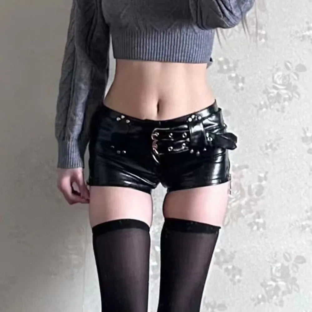 Fashionable Pu Leather Belt Ultra Shorts Boots Low Waist Spice Girl Y2k Dressing Shorts Sexy Vintage Short Pants Women's