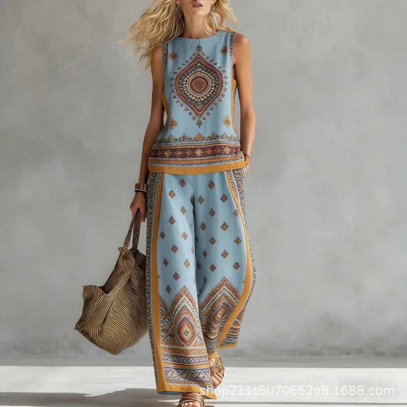 New Fashion Retro Printed Sleeveless Tops Trousers 2-piece Sets Women's Summer Casual Vest Loose Wide Leg Trousers Female Suit