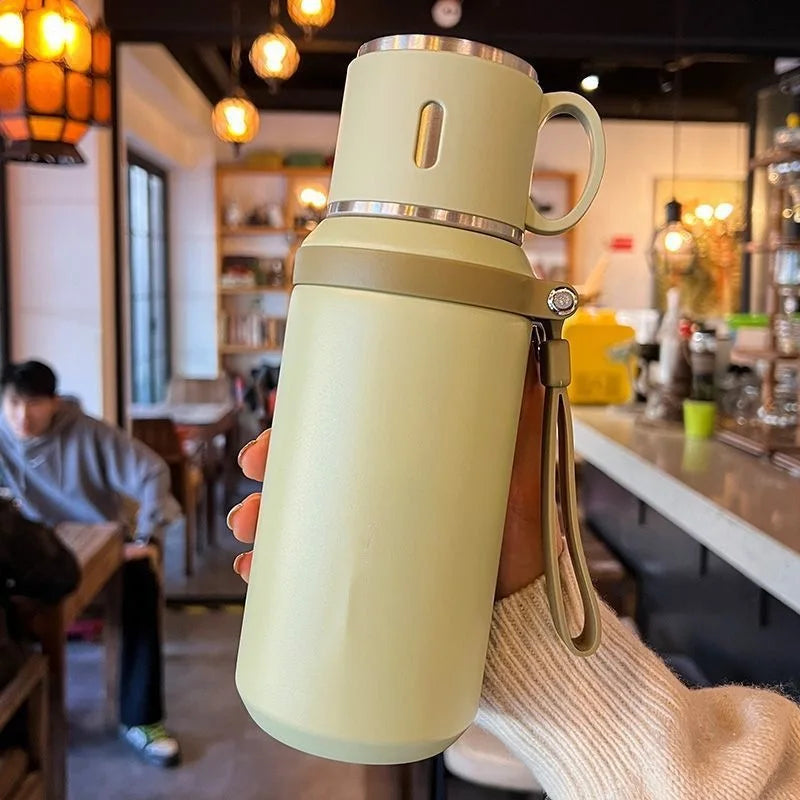 600ML Stainless Steel Insulated Bottle Double Wall Vacuum with Cup Lid Rope Handle Office Home Travel Thermos Coffee Cup Outdoor
