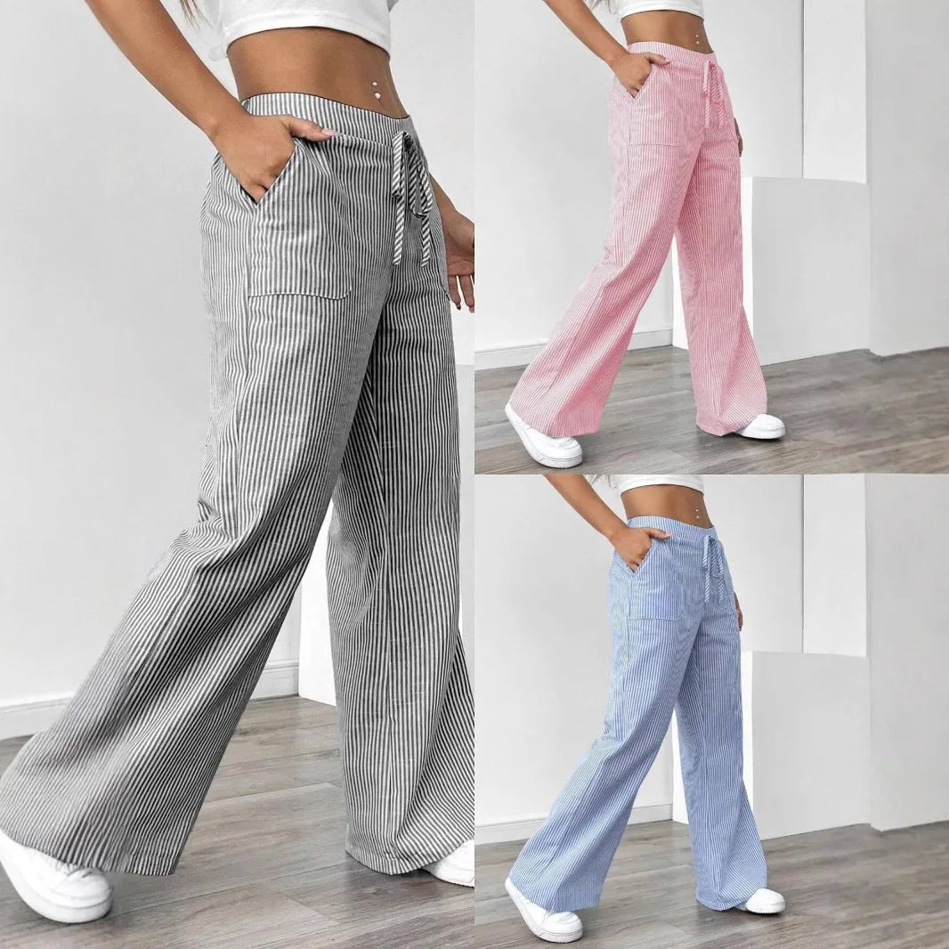 Summer Striped Wide Leg Pants Women High Waisted  Drawstring Loose Fit Slimming Casual Straight Leg Harem Pants Female Trousers