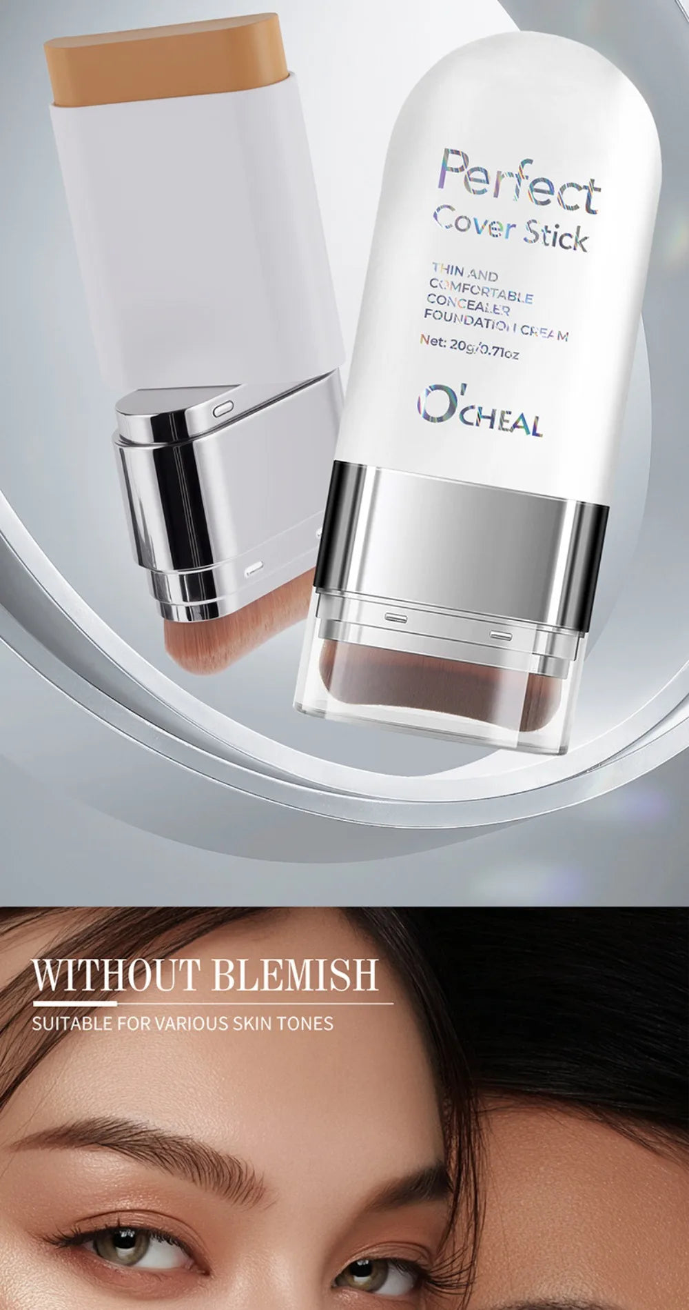 Thin and Comfortable Perfect Cover Stick Waterproof Long-lasting Concealer Foundation Stick with Brush Instant Natural