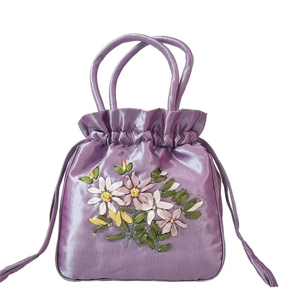 Retro Elegant Satin Silk Embroidery Totes for Women Floral Drawstring Handbag Hanfu Woman Purse Wallet Small Tote Bags