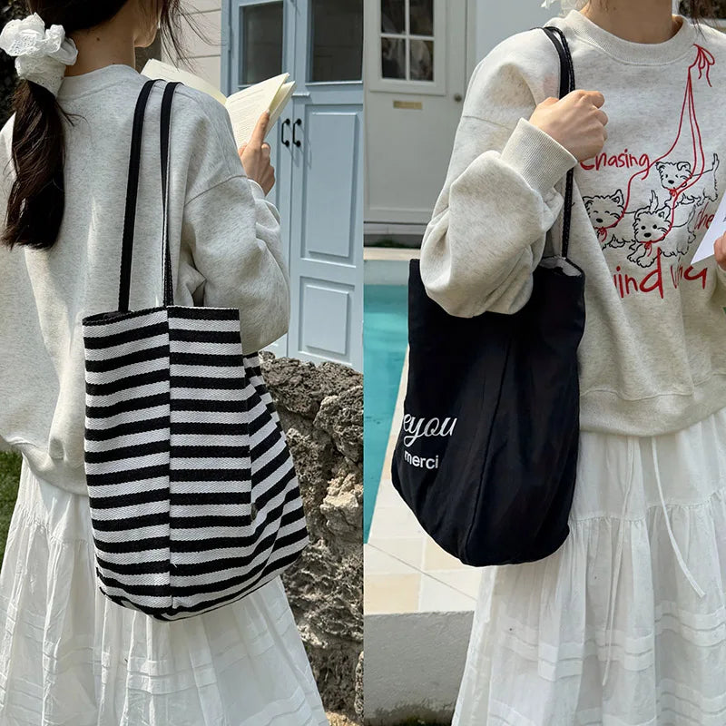 Casual Large Capacity Women's Canvas Shoulder Bags Striped Design Female Shopping Bag Summer Seaside Girls Handbags Beach Tote