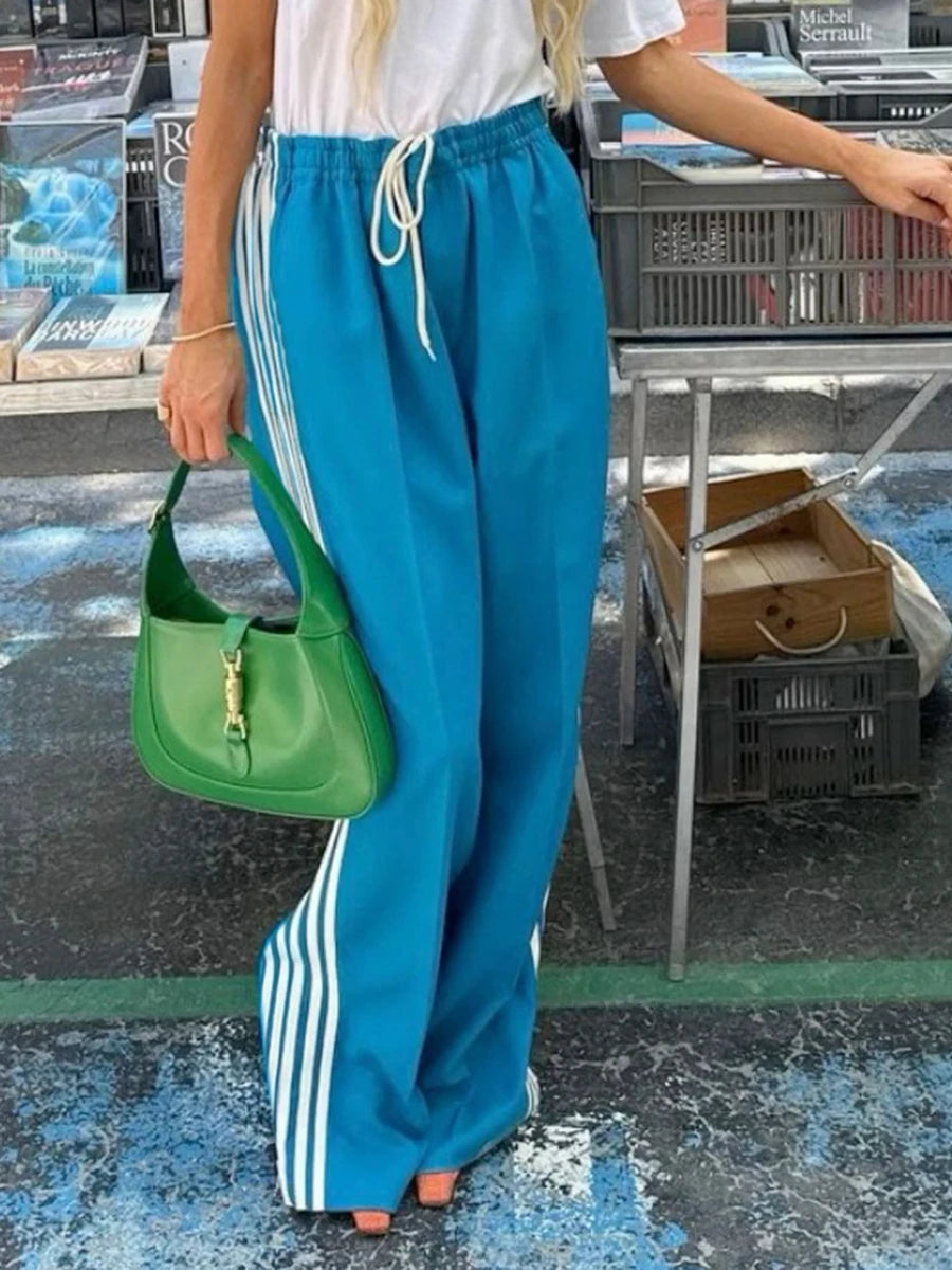 New Fashion Womens Striped Pants Loose Elastic Waist Drawstring Straight Leg Casual Sweatpants With Pockets Streetwear S M L