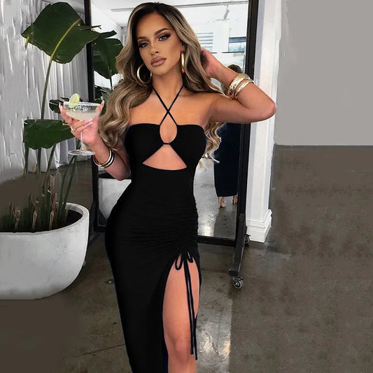 Summer Woman Dress Halter Neck Sleeveless High Waist Slit Maxi Dress Ruched Side Backless Elegant Party Evening Black for