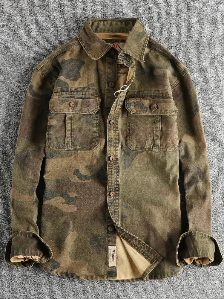 2024 Autumn and Winter New American Retro Woven Camouflage Cargo Shirt Men's 100% Cotton Washed Old Double Pockets Thin Jacket
