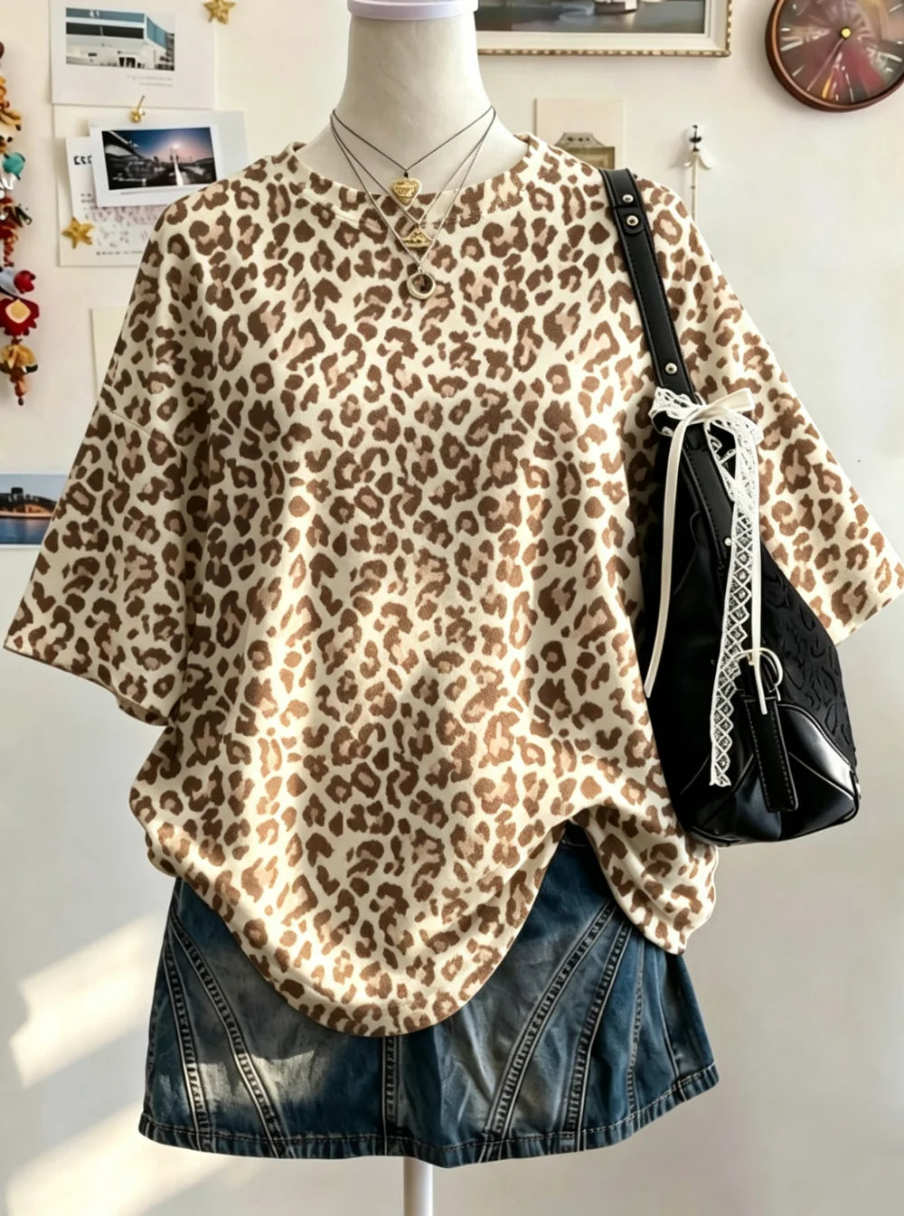 Summer Y2K Leopard Print Casual Oversized Round Neck Drop Shoulder Women Short Sleeve T-shirt Street Casual Sports Top