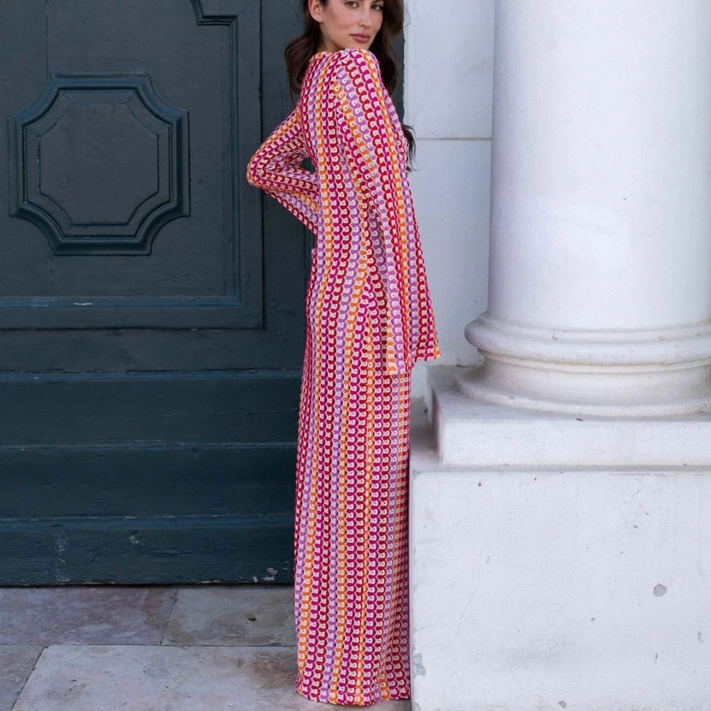 Crochet Colorful Stripe Maxi Dress Women Flare Sleeve Deep V-neck Split Sexy Long Dresses Spring Autumn Beach Banquet Vestidos