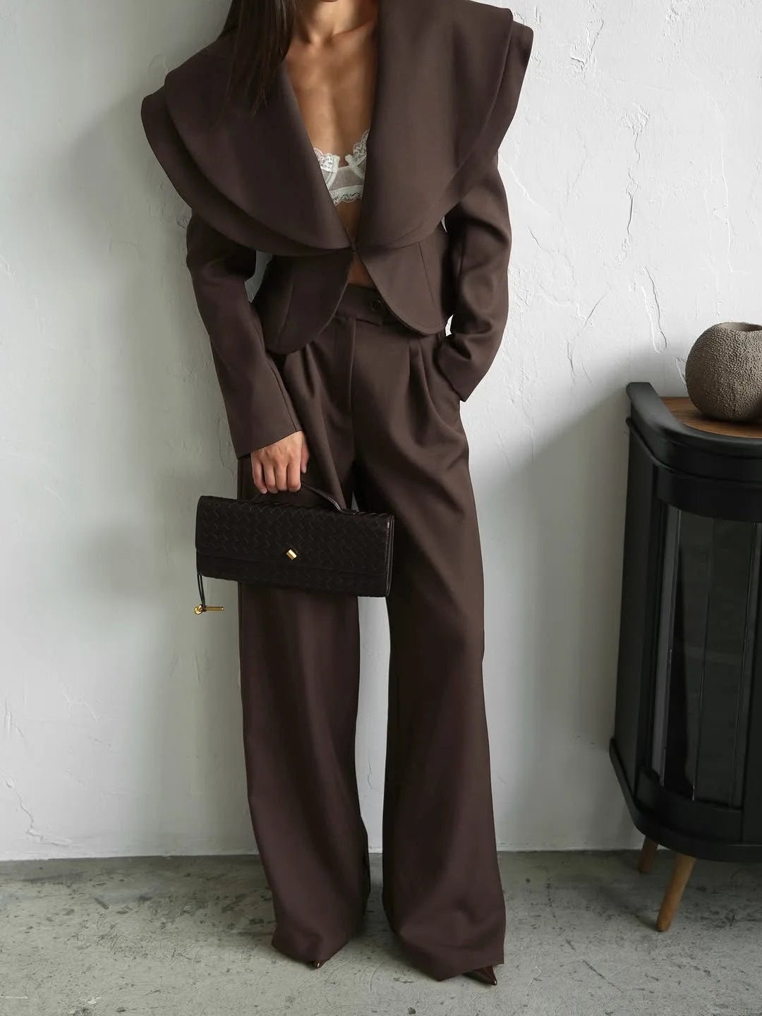 Chic Big Lapel Coat Pants Women Set Elegant Full Sleeve Single Breasted V-neck Straight Loose Trousers Solid Autumn Fashion Set