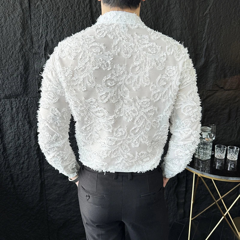 Tassels Shirts For Men Korean New Autumn Winter Long Sleeve Men's Social Shirt Slim Fit All Match Plain Color Blouse Homme 4XL-M