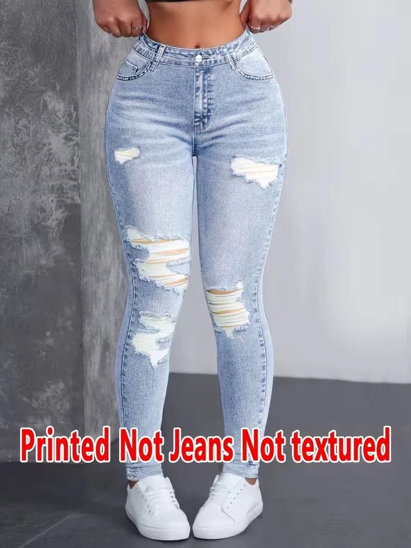 Printed Leggings - Non-Denim Fabric, Full Faux Denim Printed Leggings, with Fake Pocket and Button Prints, High Elasticity, New