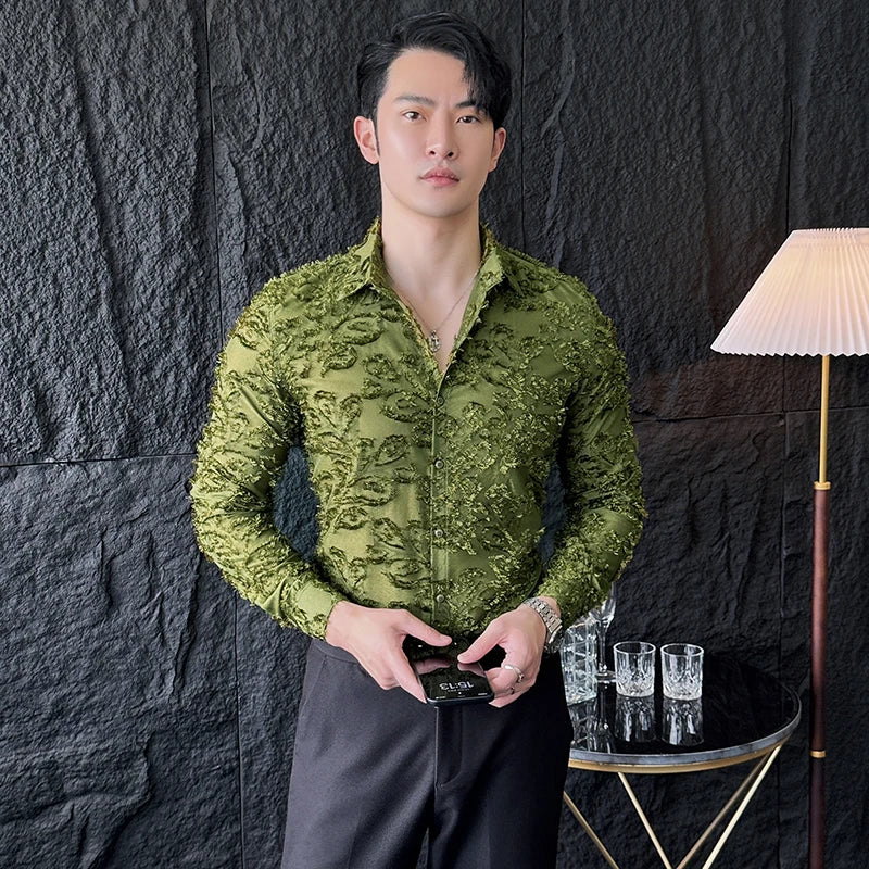 Tassels Shirts For Men Korean New Autumn Winter Long Sleeve Men's Social Shirt Slim Fit All Match Plain Color Blouse Homme 4XL-M