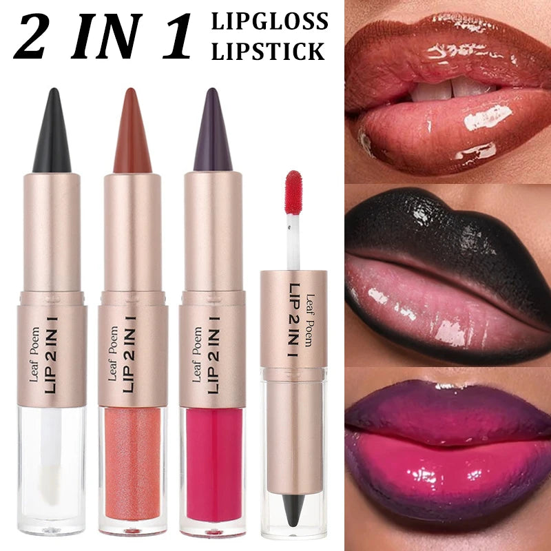 2IN1 Tapered Gradient Lipliner Pen Nude Brown Mirror Glass Lip Gloss Matte Lip Liner Waterproof Lip Contour Non Stick Makeup