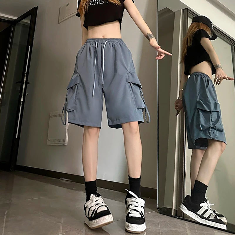 URBANCREW High-Waist Cargo Shorts — Loose Streetwear Fit