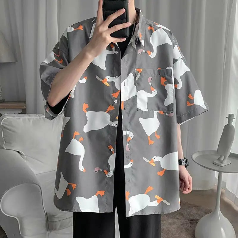 Retro Oil Painting Goose Print Men's Short Sleeve Thin Shirt Summer Fashion Casual Loose Square Neck Versatile Top