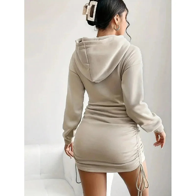 Women's Casual Long Sleeve Hooded Dress Solid Color Pattern Short Outdoor Wear for Daily Use