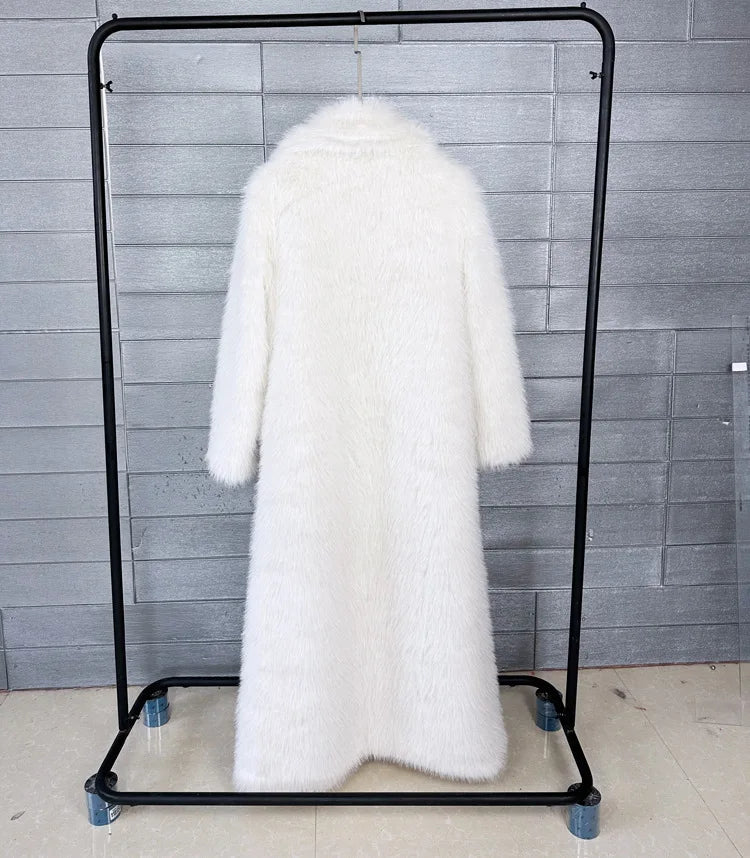 Long Faux Fur Coat Women Autumn Winter Large Jacket Overcoat White Turn Down Collar Pockets Thick Coat Warm Jackets Maxi Coats