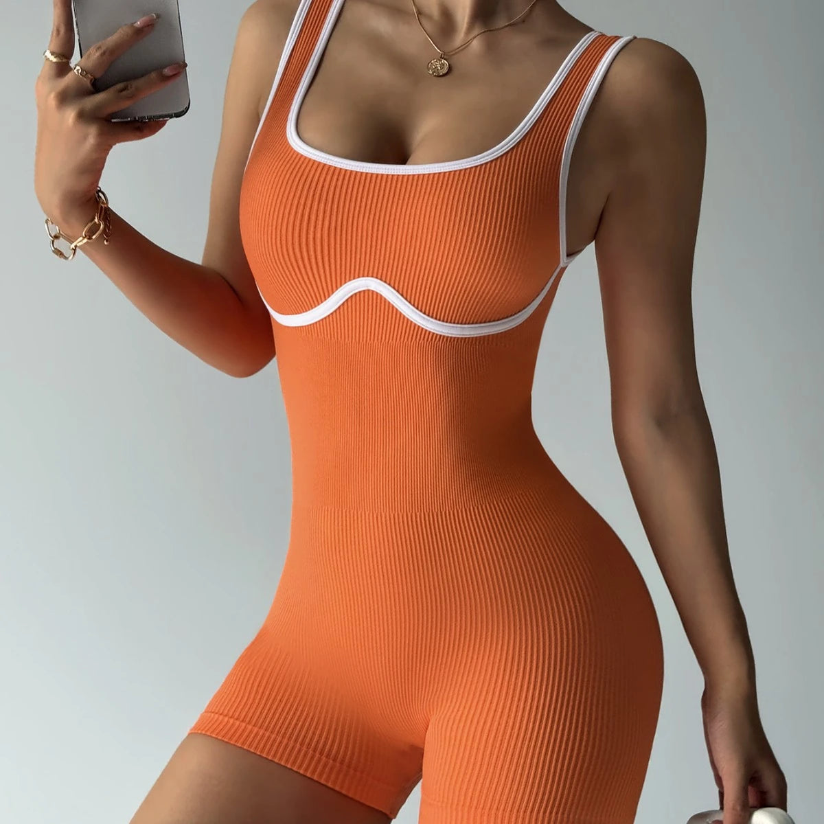 2026 Seamless Shoulder Strap Aerobatic Sport Outfit with Elastic Color Contrast One-Piece Yoga Set, Tight Back-Fitting One-Piece