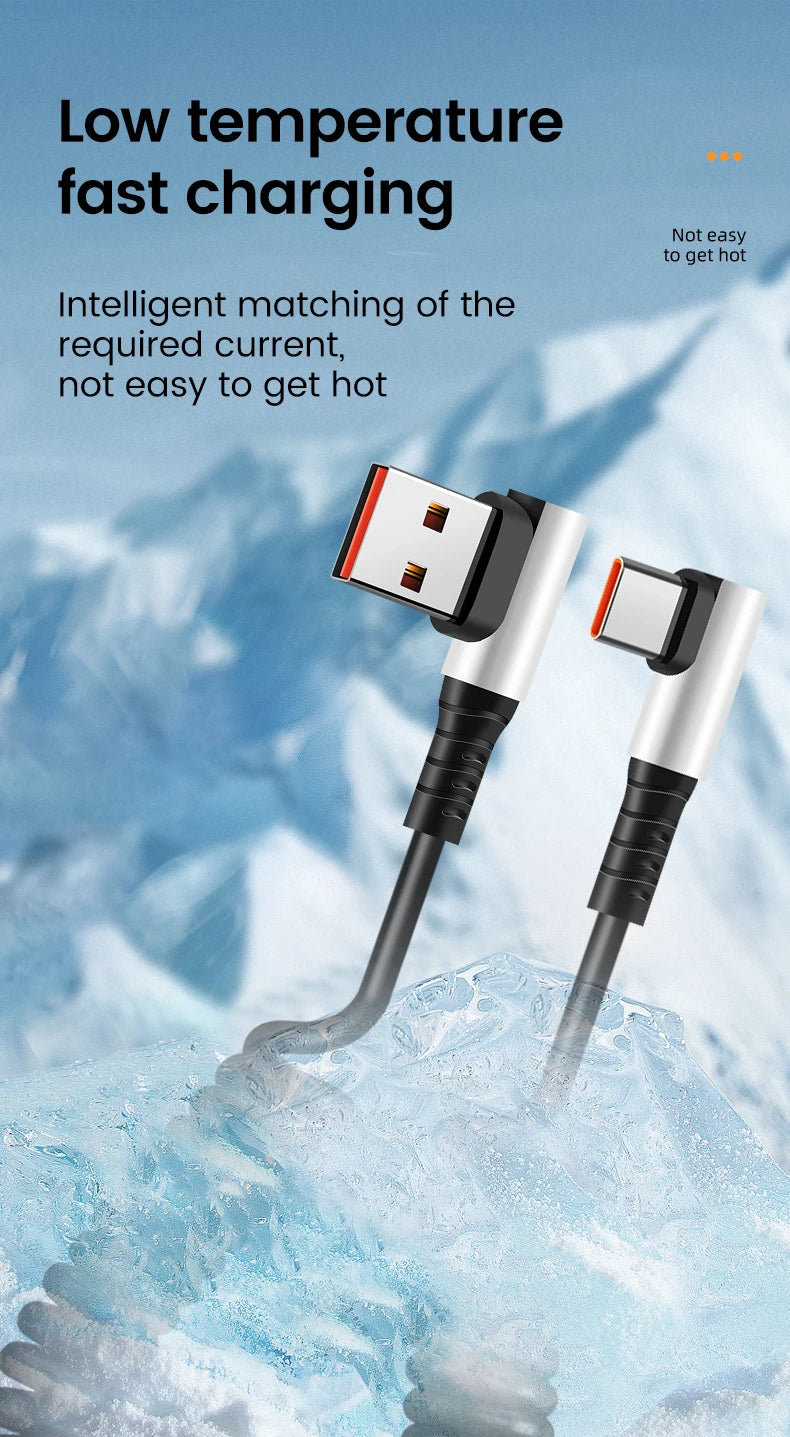 90 Degree Elbow Spring Cable USB Type C 6A Fast Charging 0.35-1.6M Retractable Data USB C To Type C Cable For iphone 15 Android