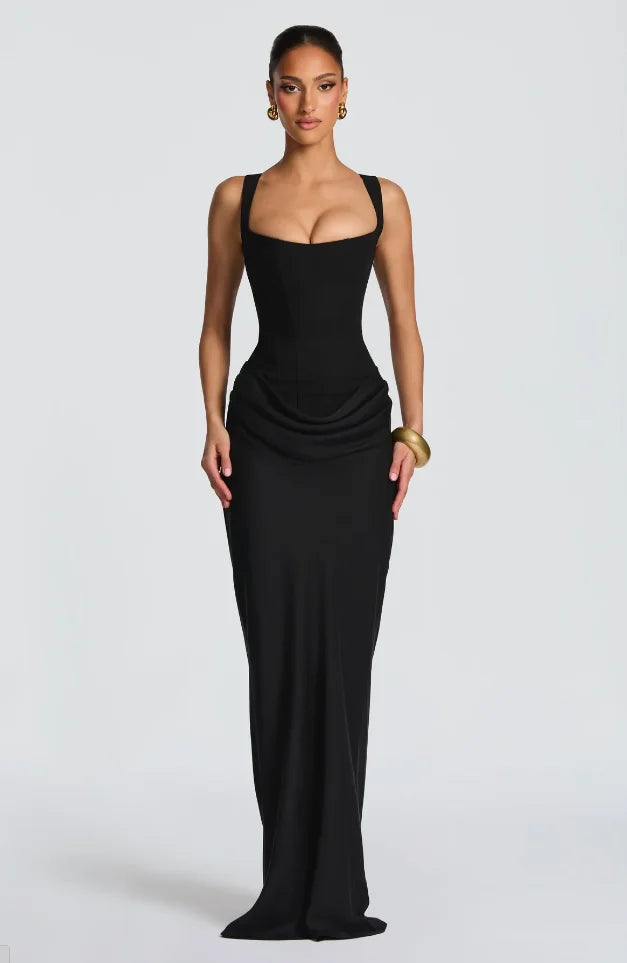 Solid Pleated Sling Dress Women Square Neck Sleeveless Off-shoulder Waist Cinching Slim Dresses 2026 Lady Evening Party Gowns