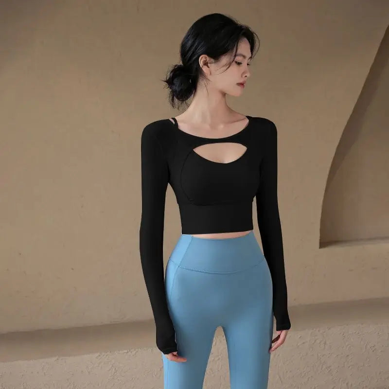 American Sle Yoga Clothes Long Sve T-irt Women Sexy Hollow out Me Splice Sports Fitn Top with Chest Pad