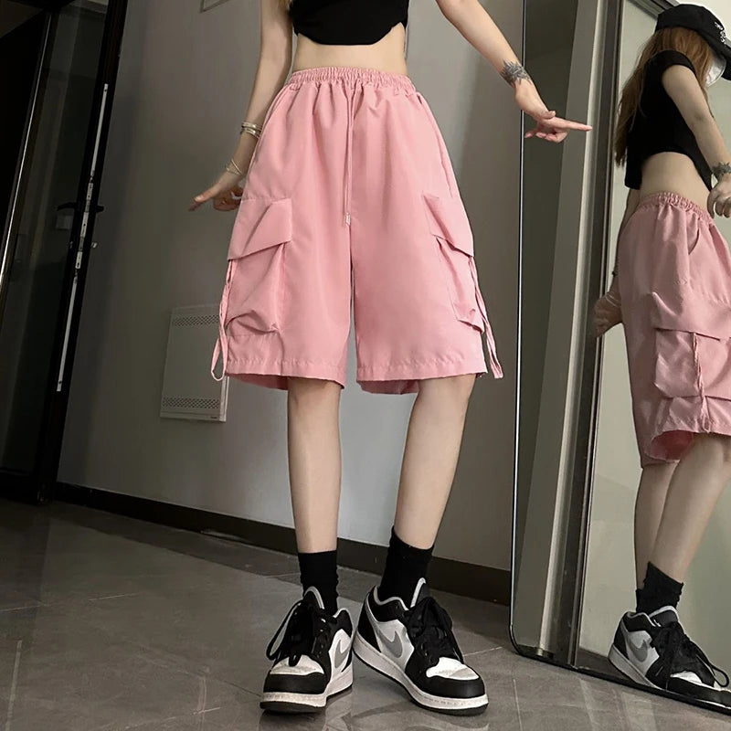 URBANCREW High-Waist Cargo Shorts — Loose Streetwear Fit