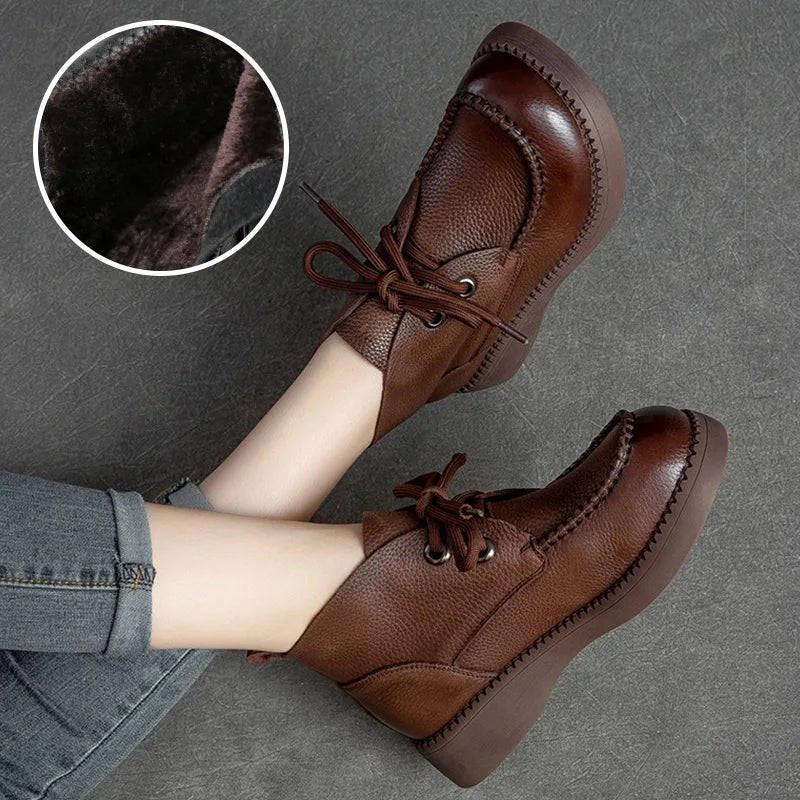 Leather Retro Ankle Boots Autumn Winter Lace Up High Top Women's Shoes Warm and Plush Short Boots Casual Non Slip Leather Shoes