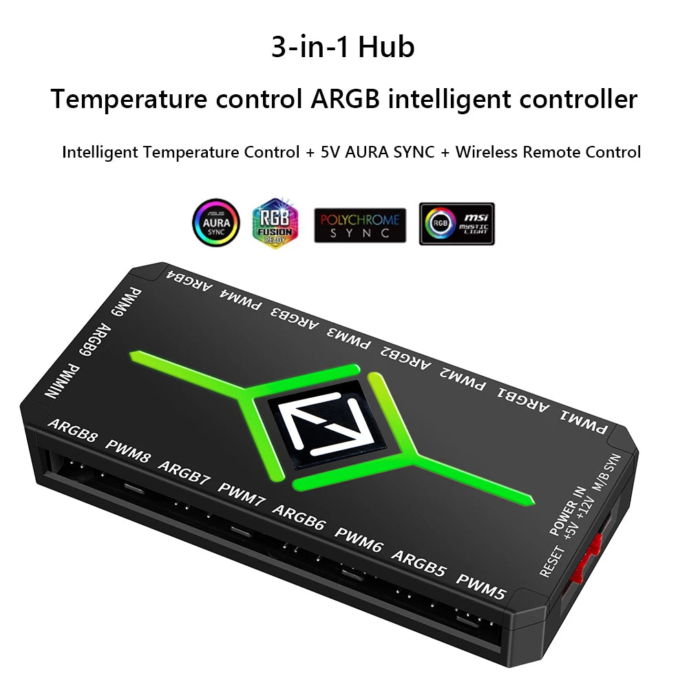 1 To 9 Ports 3 in 1 4 Pin PWM Magnetic Suction Hub with Remote PWM Magnetic Fan Hub Splitter PWM & ARGB Hub Splitter for PC Case