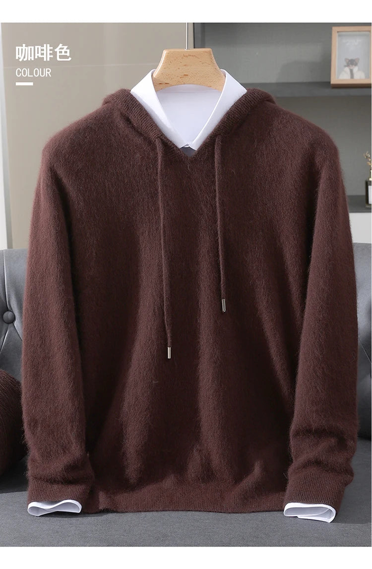 LHZSYY 100% Pure Mink Cashmere Hooded Sweater Men's Hooded Knitted Pullover Business Casual Loose Hoodie Autumn Bottoming Shirt