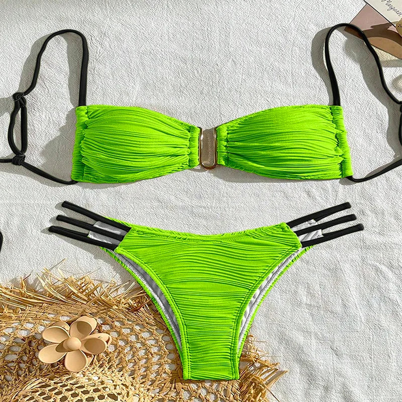 New Low waist Sexy Two-piece Bikini Women U-neck Hollow Swimwear Solid Tube Top Gathered Swimsuit Tight Backless Beachwear 2025