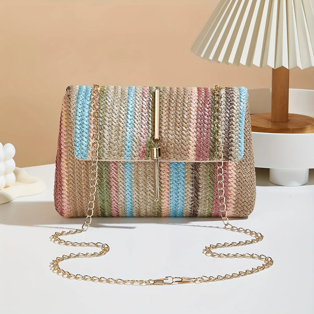 Chic Rainbow Stripe Straw Crossbody Bag for Women Adjustable Shoulder Strap Magnetic Closure Tassel Accent, Fashion Square Purse
