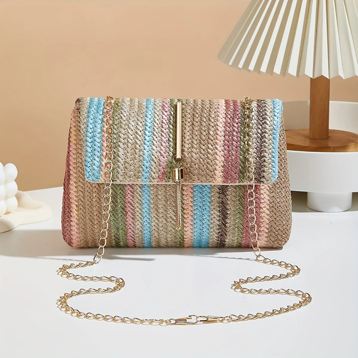 Chic Rainbow Stripe Straw Crossbody Bag for Women Adjustable Shoulder Strap Magnetic Closure Tassel Accent, Fashion Square Purse