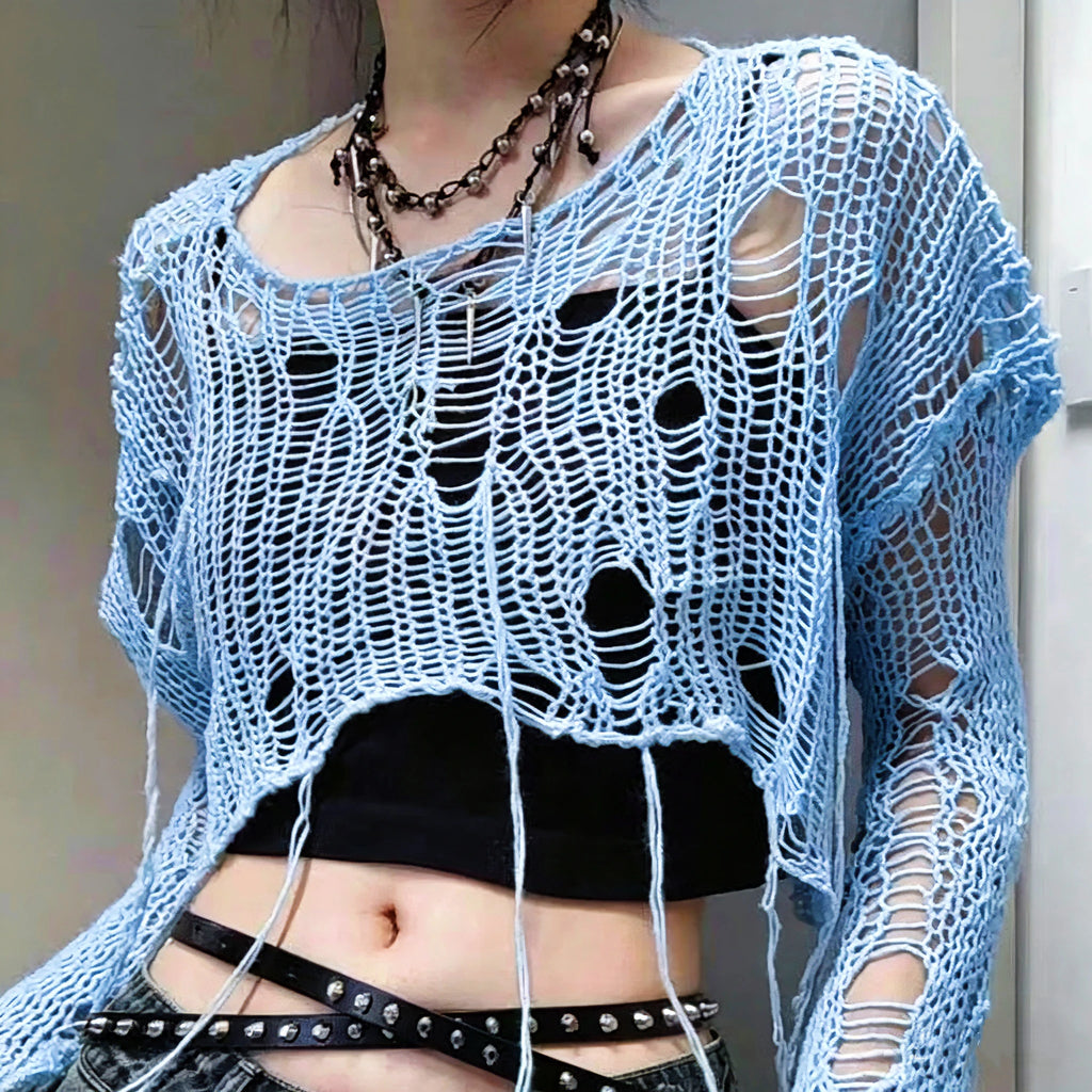 Sexy White Slash Neck Grunge Knitted Women's Sweater Hole Ripped Pullover Crop Top Harajuku Hollow Out Fashion Summer Jumpers