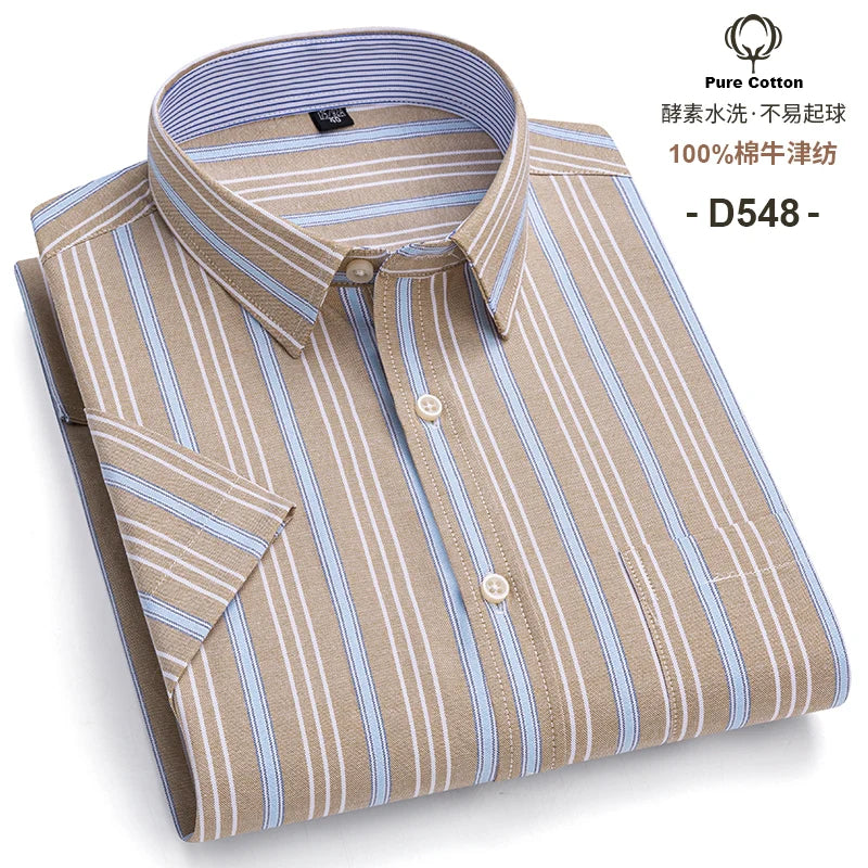 100%Pure Cotton Oxford Men's Shirts Short Sleeve Plaid Soft Regular Fit Formal Dress Shirt Social Blouse Male Clothes 6XL 7XL