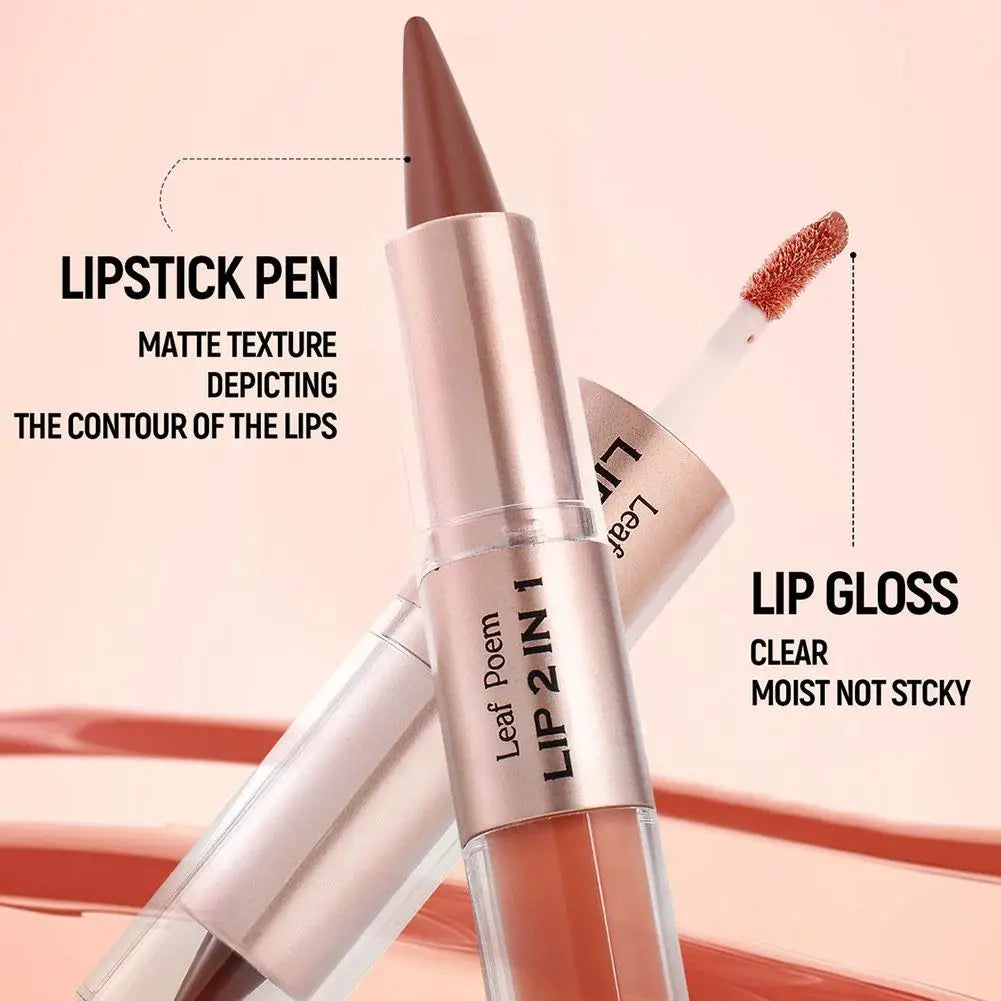 Waterproof Contour Non Stick Makeup Double-headed Matte Mirror Design Lip Glaze Nude Brown 2-in-1 Tapered Gradient Lip Liner Pen