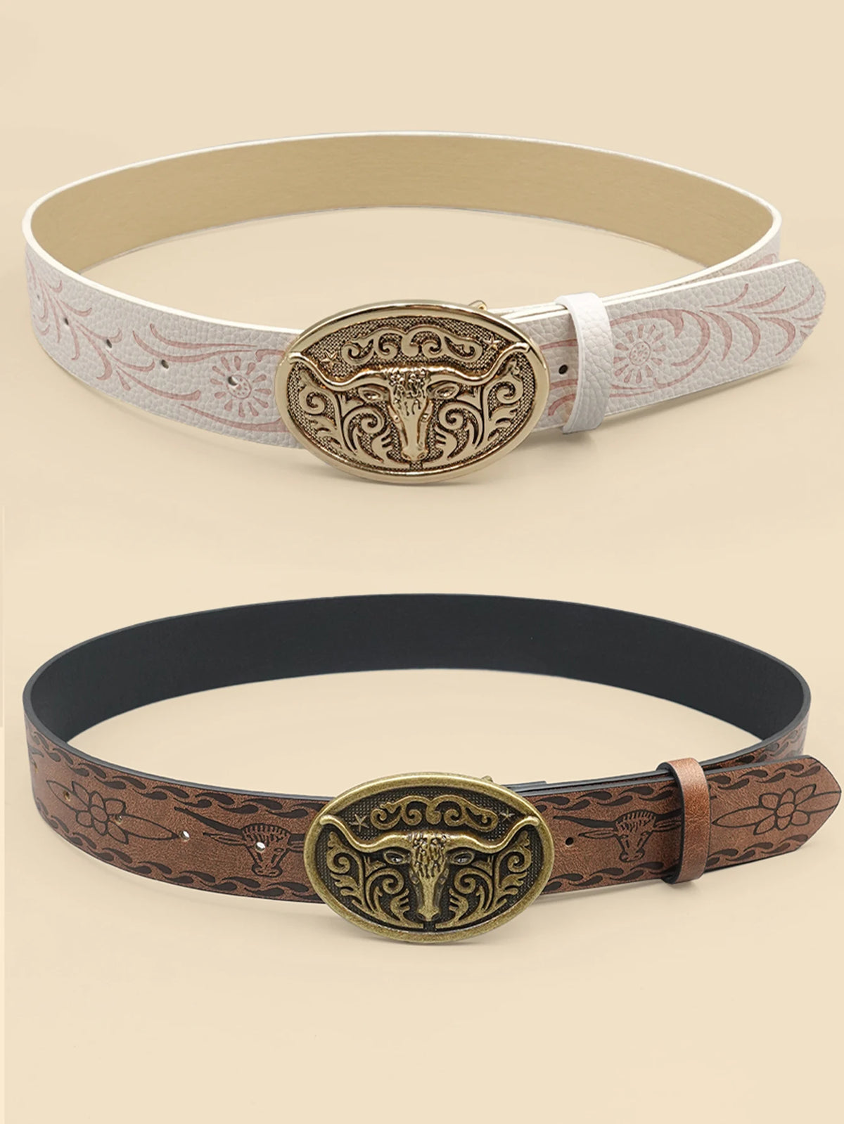 Western Cowboy Style Vintage Casual Belt - Ox Head Carved Buckle & Bohemian Print, Perfect for Daily Commute & Dating Outfits