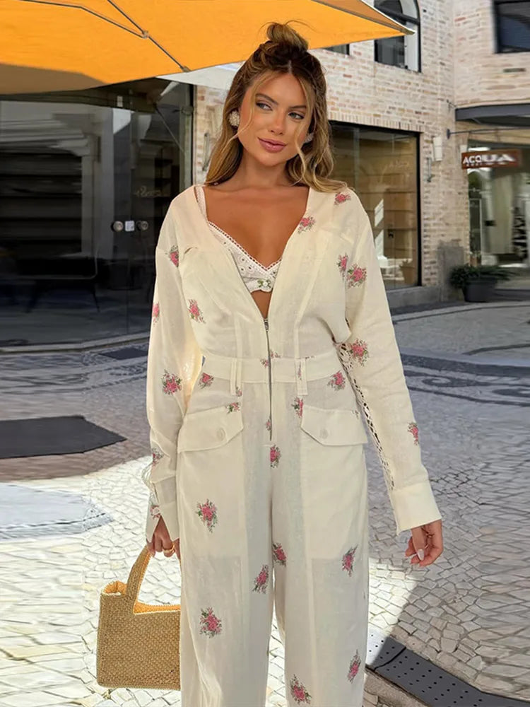 Casual Women's Jumpsuit V-neck Full Sleeve Zipper Straight Print Floral Female Jumpsuits 2026 Summer Fashion Chic Lady Outfit