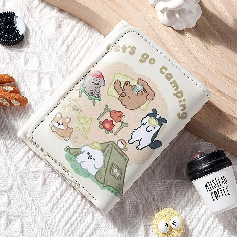 Vintage 3 Folds Money Coin Purse PU Leather Cute Kitten Dog Wallet Money Bag INS Style Card Wallets for Girls Students Gift