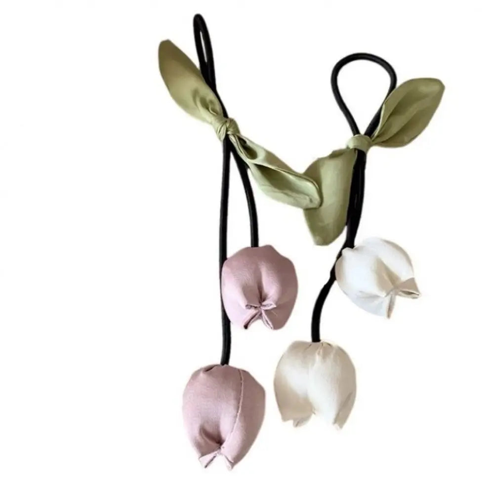 Sweet Tassels Tulip Hair Rope Cloth Bowknot Flower Hair Ring Hair Accessories Headdress Elastic Hair Band Women