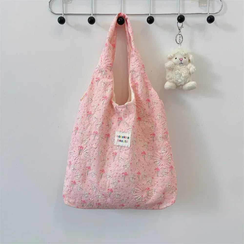 Female Tote Shopping Bag Eco Handbag Reusable Grocery Shopper Purse Korean Women Sweet Cartoon Shoulder Bag Books Pouch