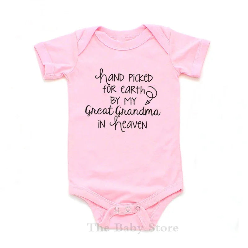 Hand Picked For Earth By My Great Grandma In Heaven Baby Summer Bodysuits Cotton Newborn Jumpsuit Short Sleeve Body Baby Outfits