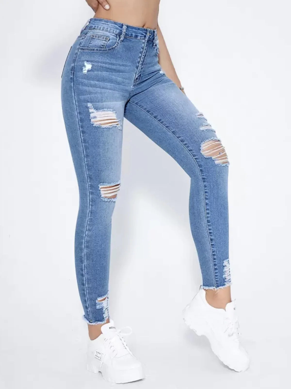 New In Women Fashion Mid Waist Ripped Hole Jeans Casual High Street Denim Pants Sexy Frayed Slim Fit Pencil Pants for Women