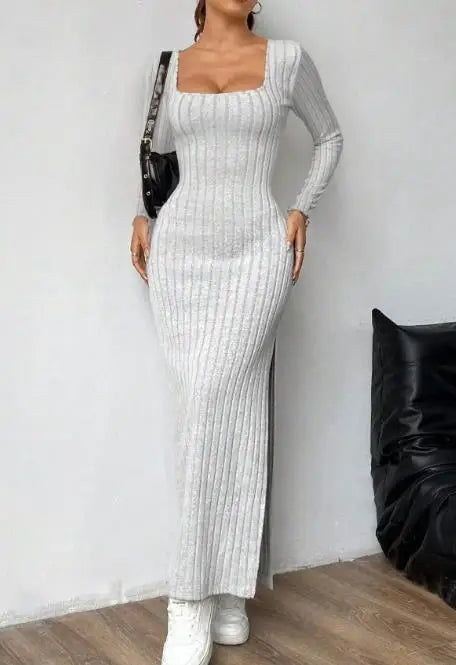 Womens Dresses 2026 Spring Autumn New Pit Stripe Square Collar Long Sleeve Sexy Backless Side Slit Slim Fit Daily Long Dress
