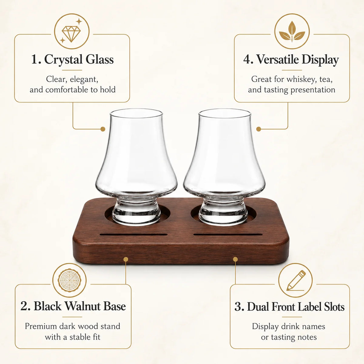 Whiskey Tasting Glasses Set of 2 with Black Walnut Wood Base, 8.5 oz Crystal Glasses with Label Slots