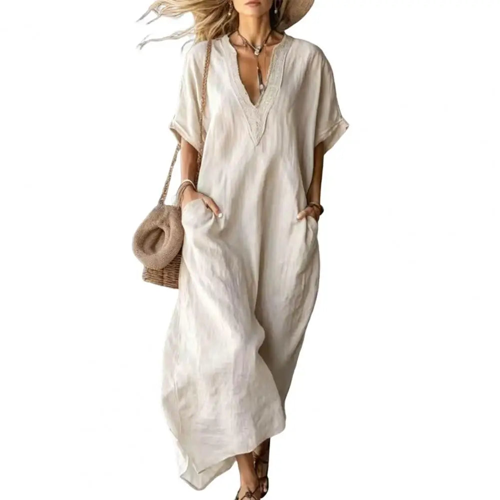 Elegant Casual Dress Women Flowy Pleated Dress Trendy Solid Dress Summer Maxi Dresses V Neck Long Sundress Short Stylish Dressse