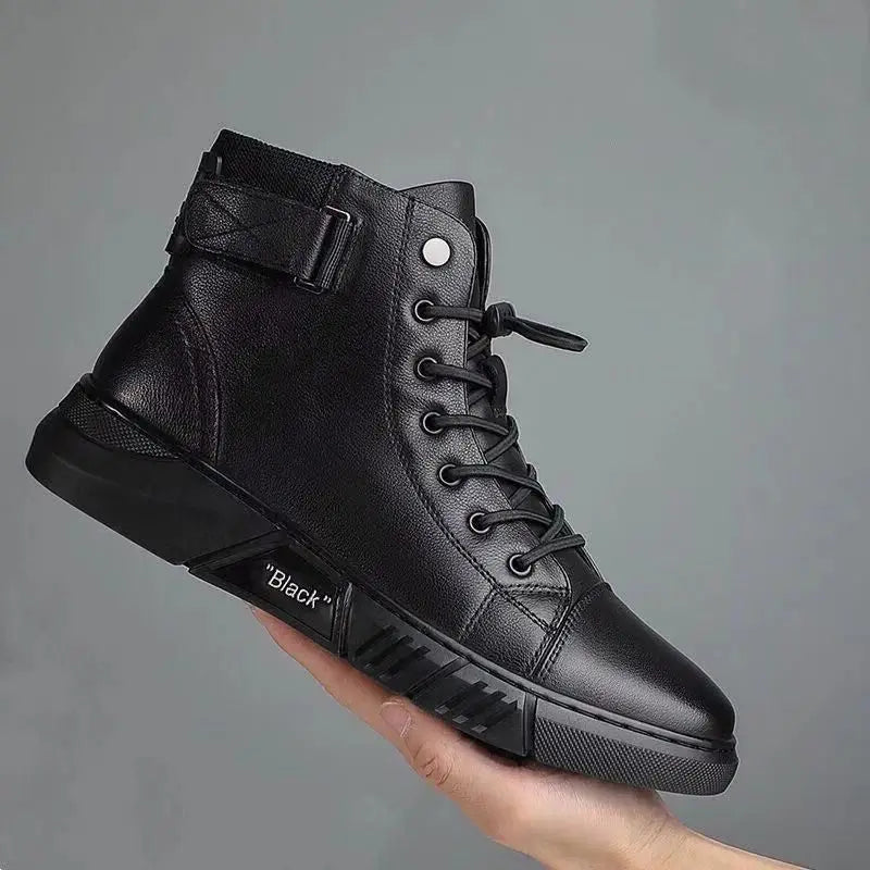 Men's Breathable Leather Casual High Top Leather Shoes Casual Men's Shoes Desert Boots British Style Black Leather Boots - Beauty